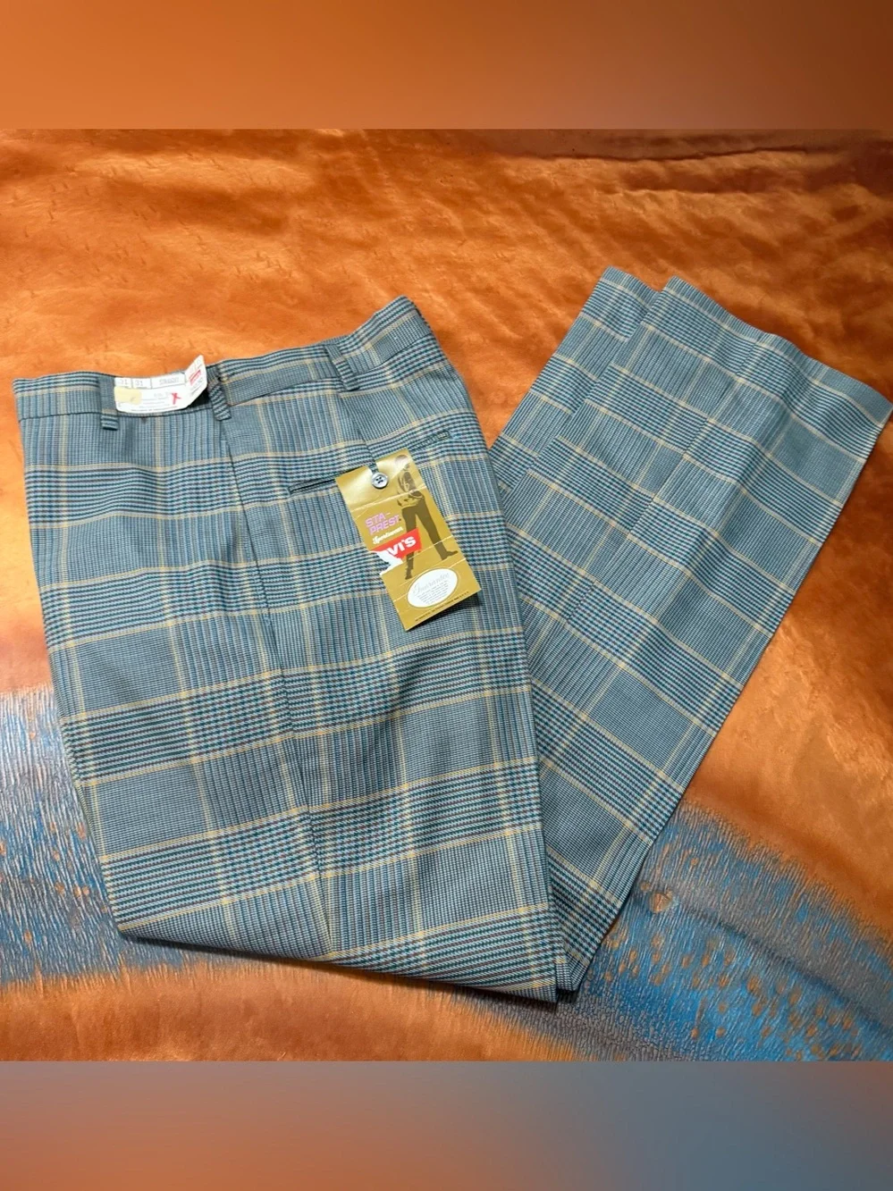 Vintage 1970s Levi’s STA-PREST Deadstock Plaid Pants 31x31 Blue Green Tan